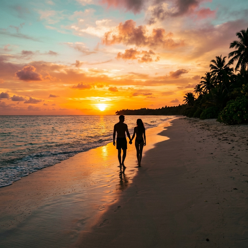 Casal caminhando na praia ao pôr do sol