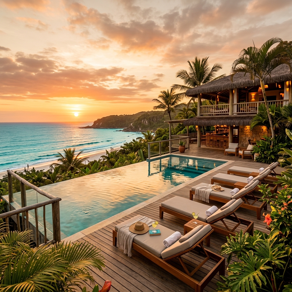 Vista da piscina infinita ao pôr do sol